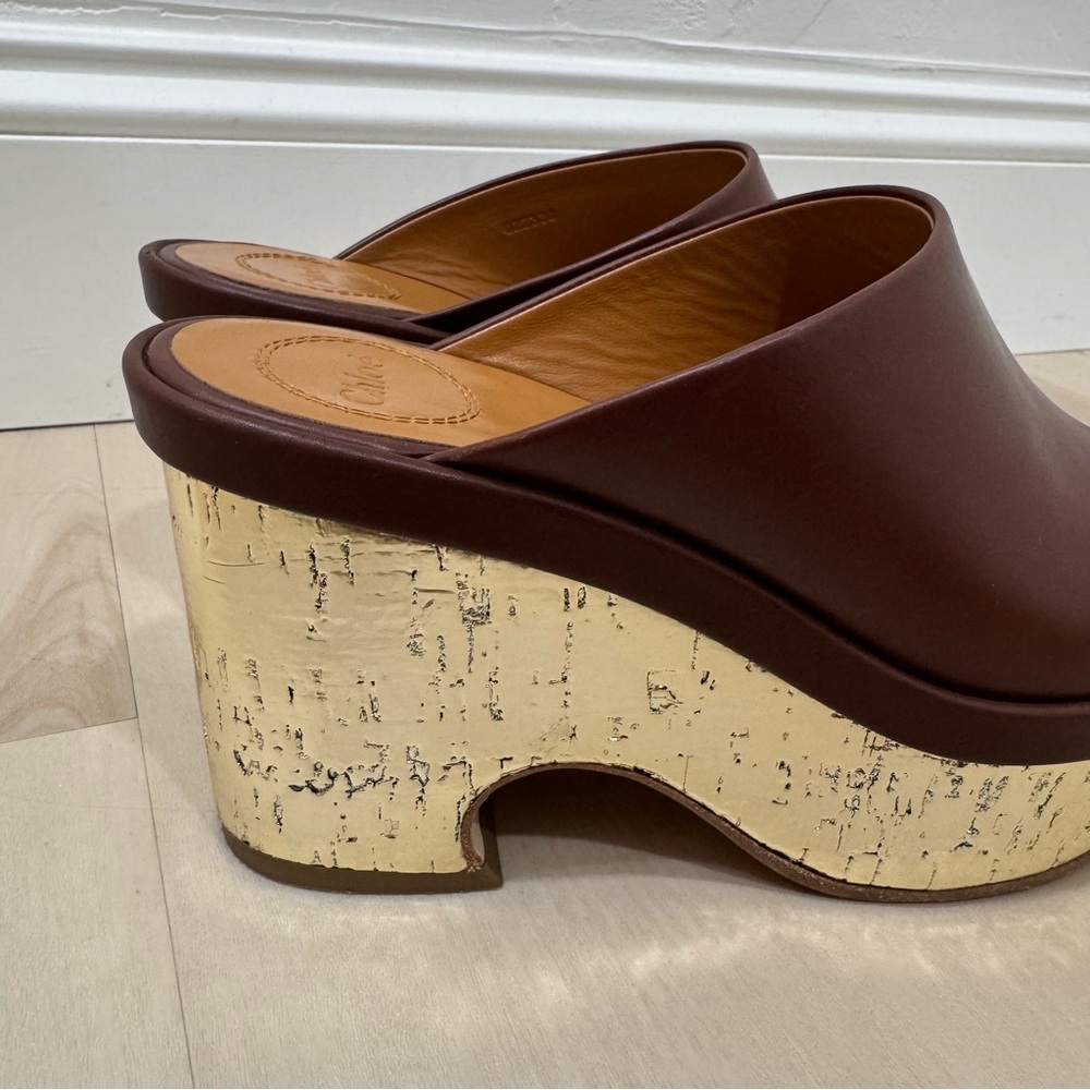 Chloe Oil Leather Cork Platform Mule Sandals Women's 36 = US 6 Brown Gold Italy - Picture 7 of 16